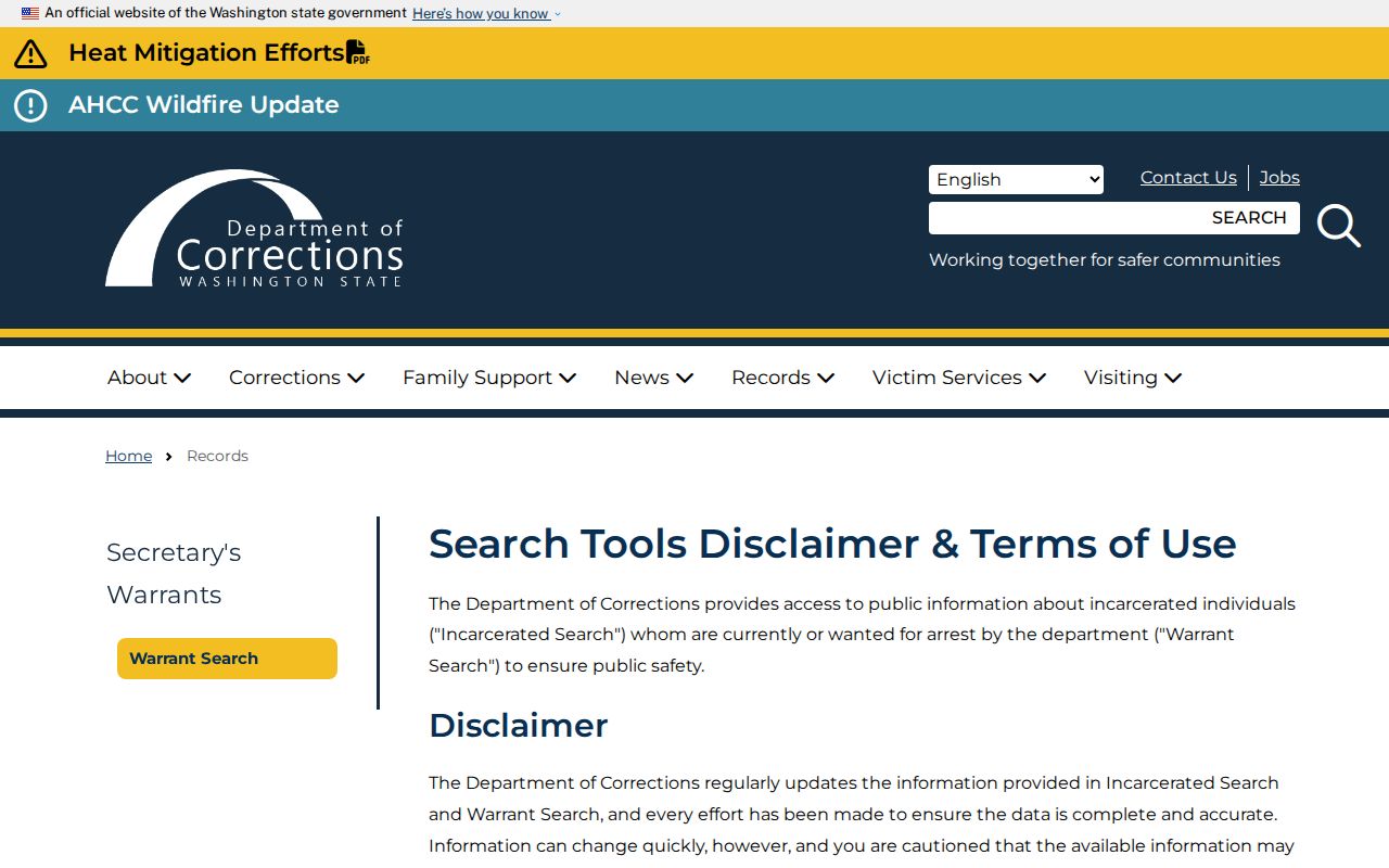 Washington arrest lookup through DOC incarcerated search