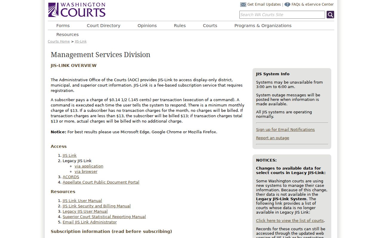 Washington criminal court cases through JIS Link