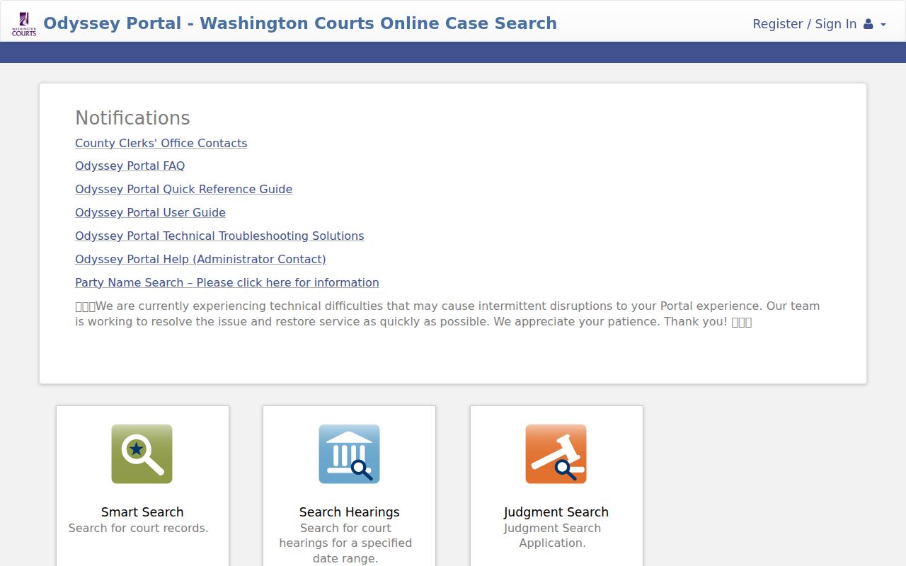 Washington criminal court cases in Odyssey Portal