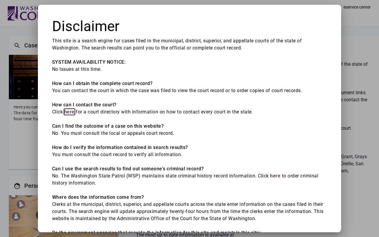 Washington criminal court case search fields