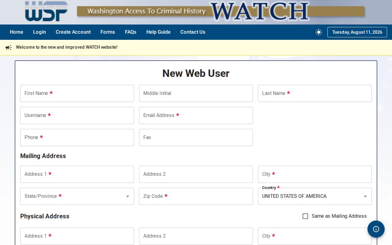 Washington State Patrol WATCH account fields