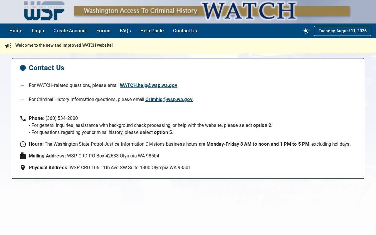 Washington State Patrol criminal history contact information
