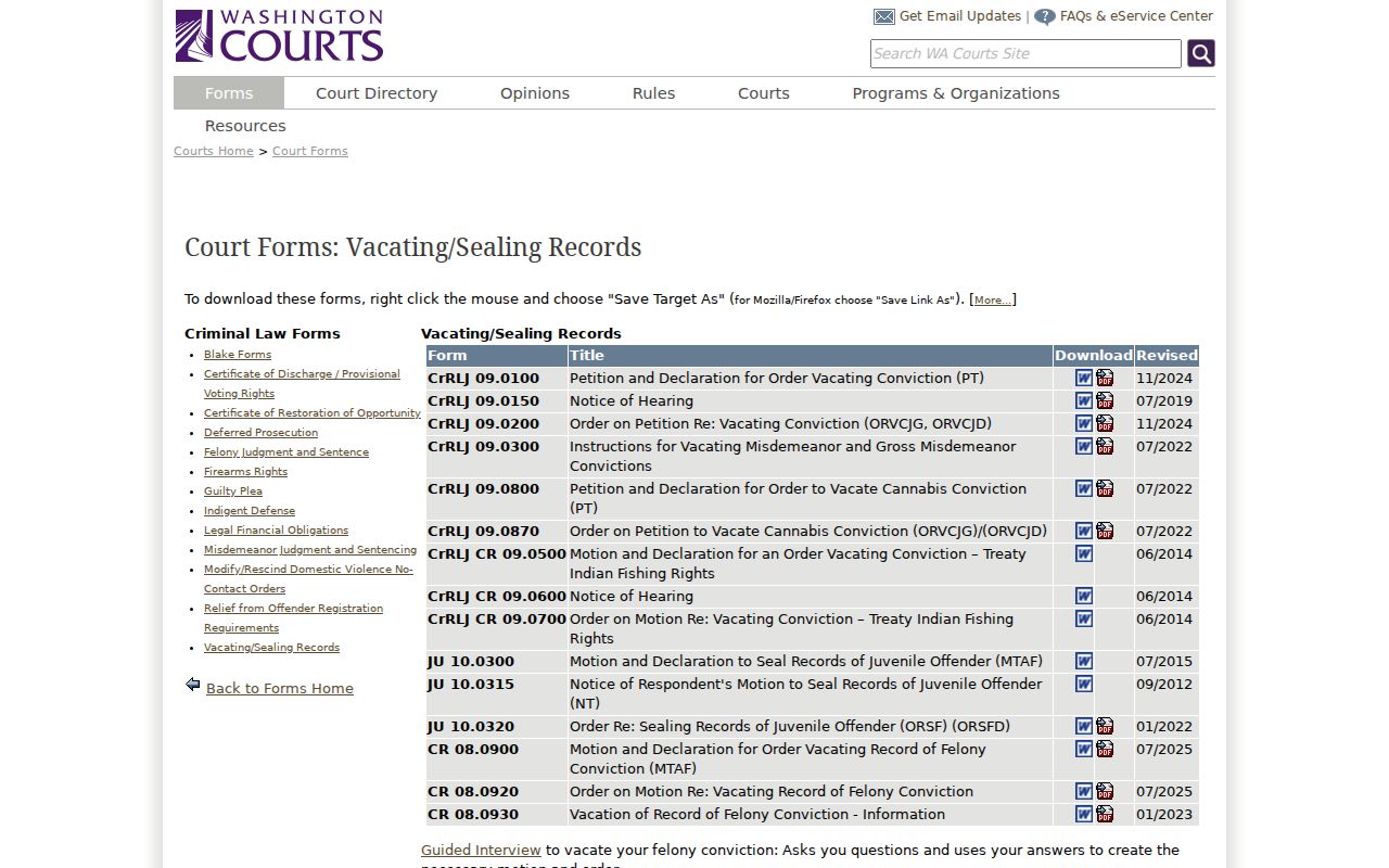 Washington criminal record vacation forms