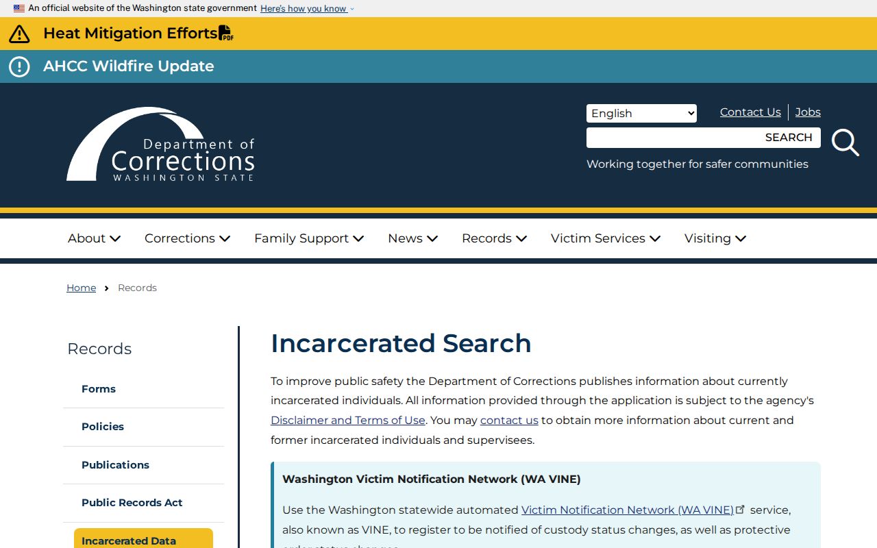 Washington DOC criminal custody record search